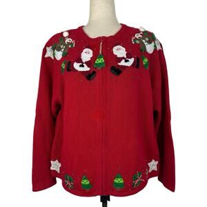 Vintage Shaver Lake Christmas Sweater Women XL Red Cardigan Zip Santa Snowman